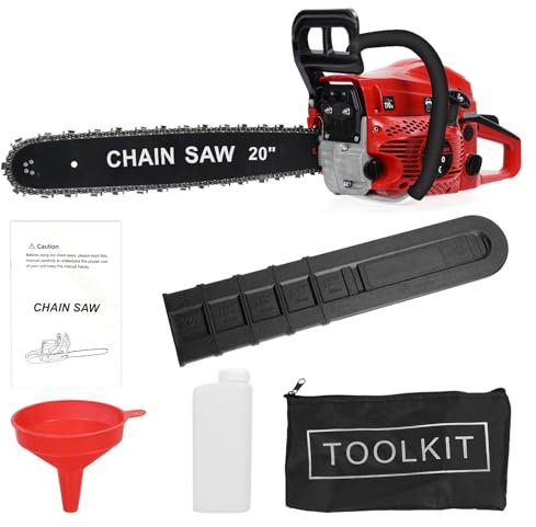 Karelwui 58CC 2-Stroke Gas Powered Chainsaw, 20 Inch Gas Chainsaw, Handheld Cordless Chainsaw,2-Stroke Handheld Cordless Petrol Chainsaws for Cutting Wood Outdoor Home Farm Garden Use Red