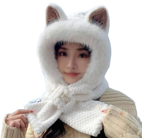 KURTIK Niedliche Fuchsohren 2-in-1 Mütze und Schal Frauen Kapuzenschal Mütze Flauschige Beanie Mützen für Frauen Mütze mit Schal und Fuchsohren (Fuchs-Weiß,Einheitsgröße)