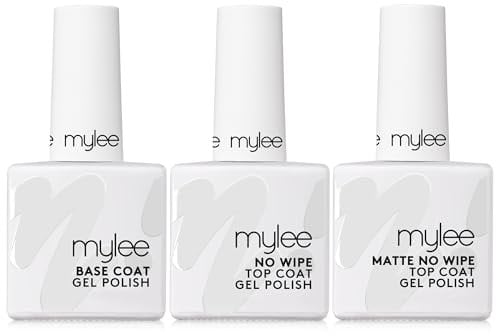 Mylee Gel Nagellak Set – Matte & No Wipe Top Coat + Base Coat, 3x10ml – UV/LED Soak-Off Nail Art Maniküre Pediküre Salon & Heimgebrauch – Hält bis zu 2 Wochen, Einfach anzuwenden