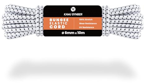 Kamu Synber Cuerda Elástica 6mm x 10m Cuerda de Goma Elastica para Lona, Remolque, Piscina, Pulpos | Blanco/Negro