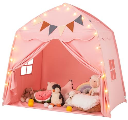 DREAMADE 2 in 1 Kinderzelt, Bettzelt mit Lichterkette & Flaggenbanner, Spielzelt Kinderzimmer, Spielhaus Kinder Indoor für Kinder ab 3 Jahren (Rosa)