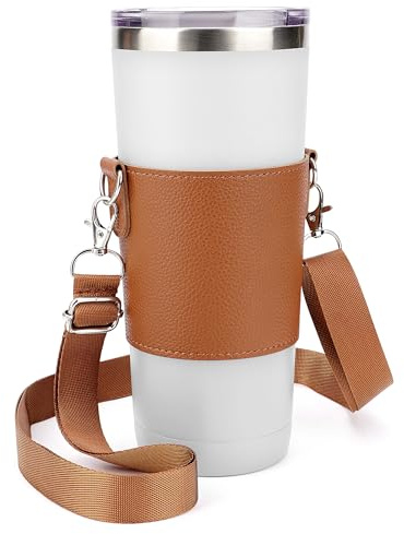 Linkidea Vegan Leather Tumbler Carrier with Strap Compatible with Iron Flask Classic 24oz, Simple Modern Tumbler, Cup Sling Bag Holder, Shoulder Strap, Light Brown