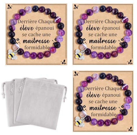 CheersLife 3 Pcs Cadeau Maitresse D'École Fin D'année,Merci Maitresse,Cadeaux Professeur,Bracelet Pierres Naturelles Femme