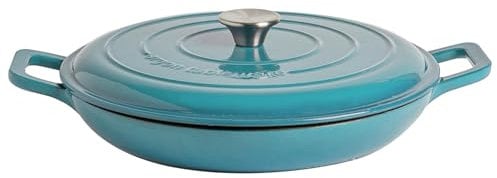 Argon Tableware 2.3L Shallow Cast Iron Casserole Dish with Self-Basting Lid - Teal Ombre - 1x Induction Hob Cooking 2.43QT Dutch Oven Bread Baking Serving Roasting Stew Stock Pot Cookware Pan