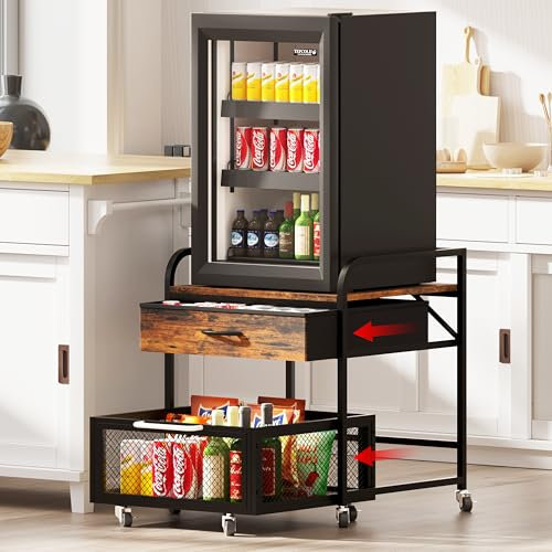 Kificet Mini Fridge Stand with Storage, Small Refrigerator Stand with Rolling Cabinet, 220 lbs Heavy Duty mini fridge table for Dorm, Apartment,Office, Bedroom (Brown)