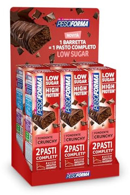 Pesoforma | 2 Pasti Low Sugar, Barrette Gusto Fondente Crunchy, 12 Barrette/12 Pasti Sostitutivi, 14g Proteine, 210kcal, Senza Zuccheri Aggiunti