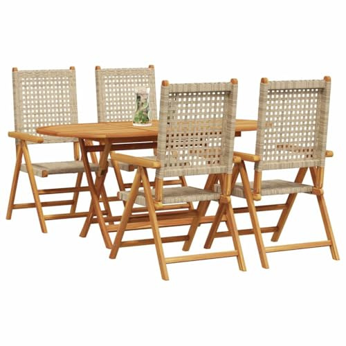 vidaXL Garden Dining Set 5 pcs Beige Solid acacia wood and poly rattan, Al Fresco Dining Set, Contemporary Garden Furniture, Foldable Outdoor, Space-Saving Terrace for Family