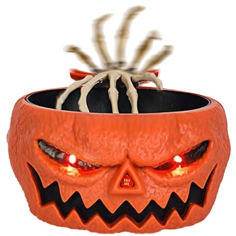 TOWEBOORY Halloween Kürbis Candy Bowl Dish Animierte Halloween Schädel Schüssel mit gruseligen beweglichen Skelett Hand LED Augen und gruseligem Klang Elektrische Süßigkeitenschale für Spukhaus Bar