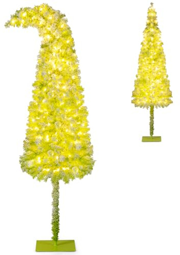 COSTWAY Albero di Natale da 150/180/210 CM, Albero di Natale Artificiale Slim Pre-Illuminato con Punta Flessibile, 216/290/366 Punte di Ramo, 80/120/160 Luci LED Bianche Calde e 8 Modalità (210 cm)