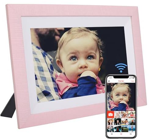 VONDRA Cornice digitale WiFi in legno naturale - Cornice digitale per foto e video con 32 GB di memoria touch screen IPS HD 10,1 Rotazione automatica Condividi foto con cornice Android/iOS (Rosa)