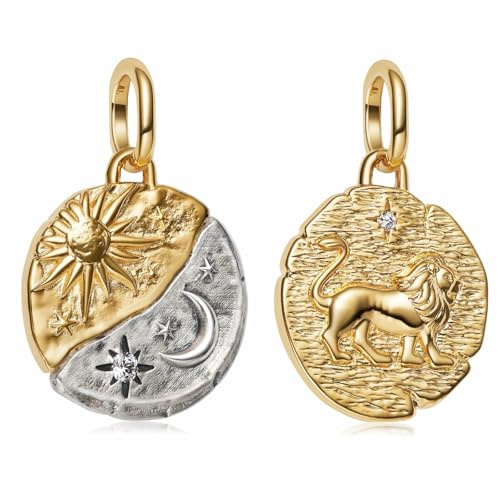MSPOVOF Sonne und Mond & Löwe Medaillon Charms, S925 Sterling Silber Bead, für Armbänder und Halsketten, für Frauen Schmuck Geschenk