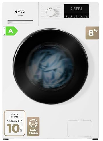 EVVO Lavadora Familiar TERRA N - Capacidad 8 Kg, 1400 RPM, E. Energética A - Motor E-DRIVE Inverter Silencioso, 16 Programas con Rápido 15'