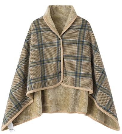 Damen-Poncho-Fleece-Decke zum Mitnehmen, Karierte Winter-Wärme-Cape mit Knöpfen, Überwurfschal, tragbare Decke