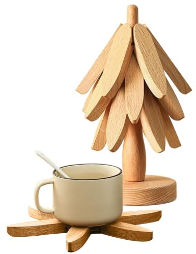 Holzuntersetzer Baum, Untersetzer Holz Set Für Baumkunst, 4 Untersetzer Holz Baum +1 Ständer, Weihnachtsbaum Topfuntersetzer Haltbare, Tannenbaum Untersetze Holzz Für Heiße Gerichte