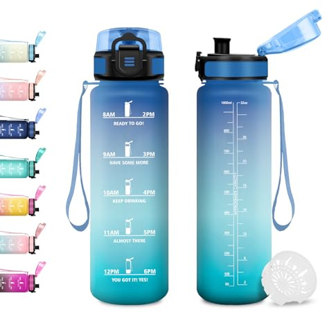 JAPORIA Gourde 1L, Gourde Sport avec Filtre, Anti-Fuite, Réutilisable, Bouteille d'eau avec Marquages de Temps, pour Voyage, Randonnée, Fitness