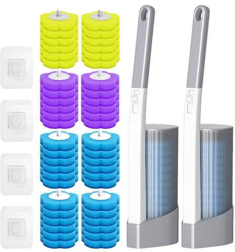 Disposable Toilet Brush 2 Pack Toilet Brush Disposable with 48 Toilet Cleaning Pads, Extended Holder Set, Hygienic Disposable Cleaning for Toilet Bowl Cleaners, Bathroom Cleaning, Sink, Bathtub
