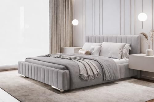 MOEBELPAKET.de Bett Imperia 140x200 cm, Polsterbett mit Metallrahmen, Bettgestell mit Bettkasten und Oeko-Tex, Eleganter Riviera-Stoff, Grau