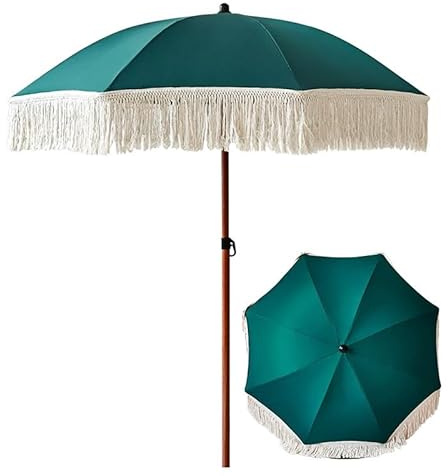 Genérico Sombrilla Jardín Verde para Terrazas Playa Patios, Parasol con Flecos Resistente al Viento, Impermeable y con Protección UV