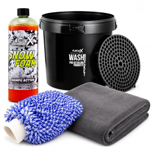 AutoFullCar Kit de lavage de voiture complet, shampooing pH neutre, seau avec grille, gant en microfibre, serviette de séchage XXL, accessoires de détail pour nettoyage extérieur