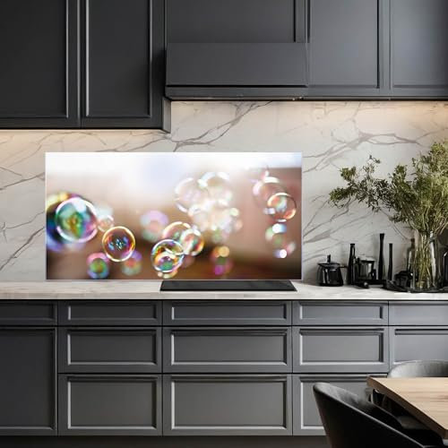 banjado Küchenrückwand Glas ohne Bohren 100x50cm – Glasrückwand Küche mit Motiv Seifenblasen/Spritzschutz Küchenrückwand Glas/selbstklebende Küchenrückwand Platte - magnetisch & beschreibbar