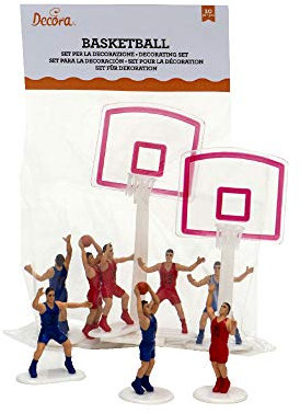 DECORA, 0816015 Dekorationsset für Basketballthemenkuchen, Enthält 8 Spieler und Zwei Körbe, Ideal zum Dekorieren von Gebäck für Geburtstagsfeiern, Insgesamt 10 Teile.