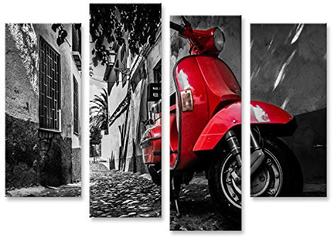 Bild Bilder auf Leinwand Ein roter Vespa-Scooter der auf einer gepflasterten Straße geparkt ist Wandbild Poster Leinwandbild TIK