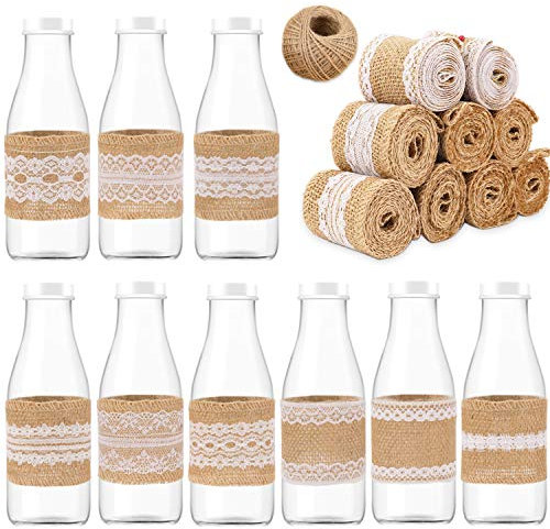 HOWAF 9 rouleau de ruban de toile de jute de dentelle, 9 × rouleau de ruban de toile de jute Blanche, 1x Corde en Jute, decoration mariage champetre Artisanat bricolage Cadeau Décoration