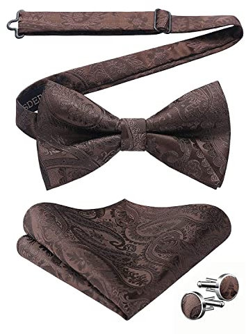 HISDERN Fliege Braun Herren Paisley Fliegen und Einstecktuch mit Manschettenknöpfe Set Verstellbare Fliege Taschentuch für Hochzeit Party Weihnachten,Braun