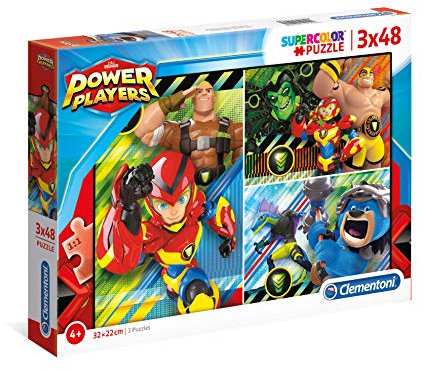 Clementoni 25258 Supercolor Power Players – Puzzle 3 x 48 Teile ab 4 Jahren, buntes Kinderpuzzle mit besonderer Leuchtkraft & Farbintensität, Geschicklichkeitsspiel für Kinder