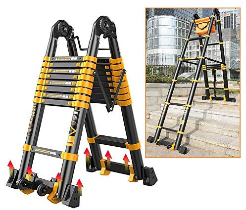 GJSN Scale , Scala Telescopica, Scala Retrattile Nera con Barra Stabilizzatrice, Scale a Soppalco Multiposizione Scale Telescopiche Di Sicurezza, Ampio Gradino Antiscivolo per Persone Pesanti,4,2 M (