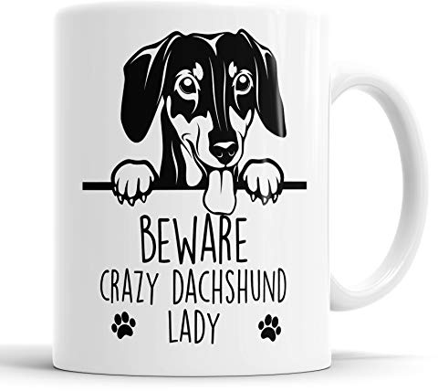 Faithful Prints Dachshund Beware Crazy Dachshund Lady Mug Pet Present Dachshund Dog Mum Dad Friend Joke Funny Gift Cup Birthday Christmas, Ceramic Mug