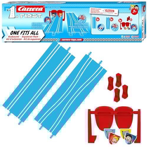 Carrera First Expansion Pack One fits All | 5-teiliges Rennbahn Zubehör | 1x Gerade, 1x Engstelle, 1x Flip-Element inkl. Aufkleber, 2X Stützen | Carrerabahn Erweiterung ab 3 Jahren | 70 cm Länge