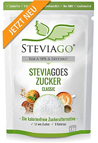 STEVIAGOES Zucker (Classic) - der 1:1 Zuckerersatz aus Erythrit+Stevia (98% Reb-A), 0 Kalorien, vegan, geeignet für Keto Diät und Low Carb Diät, 1kg, Beutel