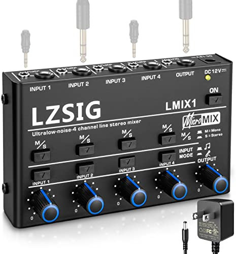 LZSIG Mini Audio Mixer, Stereo Line Mixer for Sub-Mixing, Ultra Low-Noise, 4-Channel, Dynamic Microphone Independent Control, 1/4 & 1/8 TRS Output and Input for Guitars,Bass,Keyboards