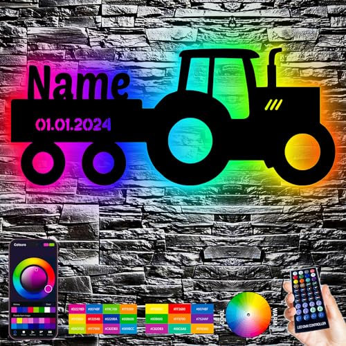 Traktor RGB Farbwechsel Kinderlampe für Kinderzimmer - Mit 16 LED Farben USB App Bedienung / Musikgesteuert - personalisiert mit Wunschnamen - für Junge Mädchen beste Geschenk aus MDF Holz