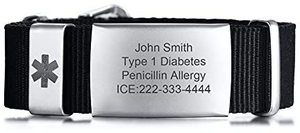 FLHEART Personalisierte Medizinische Alert ID Armband | Einstellbare Sport Nylonband Gürtelschnalle medizinisches Alarm Armband Allergie Diabetiker Armband für Herren Damen, angepasst,Schwarz