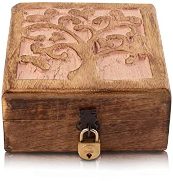Tolles Geburtstagsgeschenk handgefertigte dekorative hölzerne Schmuckschatulle mit Baum des Lebens Carving & Lock & Key Schmuck Organizer Aufbewahrungskasten Treasure Brust Schmuckhalter (Pink)