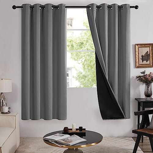 Deconovo 100% Blackout Curtains for Bedroom 54 Inch Drop, Thermal Curtains Eyelet, Double Layer Curtains with Black Lining, 52 x 54 Inch(Width x Length), Dark Grey, 2 Panels