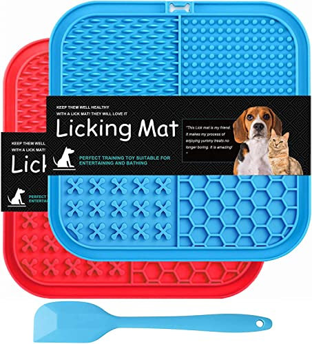Lot de 2 Tapis de léchage Chien Ventouse en Silicone, Tapis de Leche pour Chat avec 1 spatule, mangeoirs Anti glouton Chiot pour friandises Aliments Bain toilettage l'entraînement