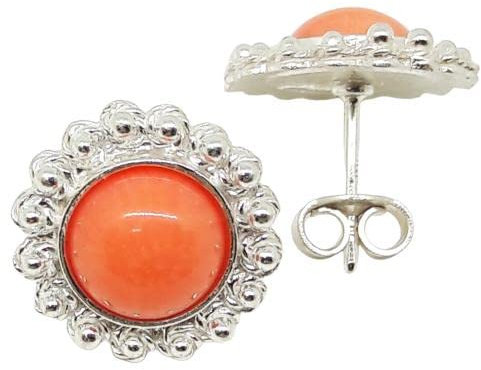 Coralli di Sardegna Orecchini Corallo Rosa Cabochon 8mm Filigrana Argento Pallini Pressione