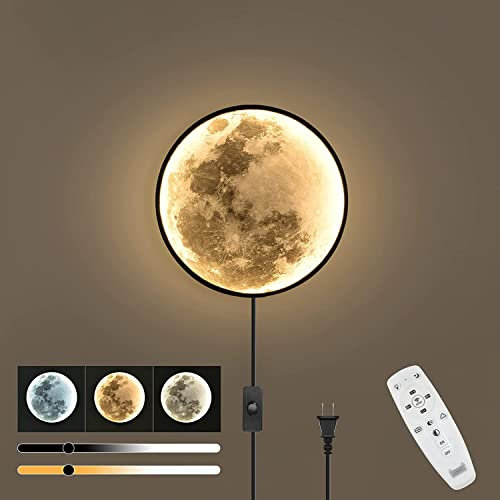 OOWOKS Applique Murale Enfants LED Lune Dimmable avec Télécommande, Lampe Murale avec Prise et Interrupteur de Cordon, Mode Veilleuse et Fonction de Mémoire, Enfants lumière Murale Ronde Moderne