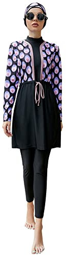 Frauen Muslimische Bademode 3 Stück Set Top Kleid und Hose mit Hijab Modest Islamischer Badeanzug Beachwear Naher Osten Badeanzug Burkini Schwarz Lila XL