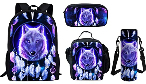 Belidome Schulrucksack-Set, Federmäppchen, Lunch-Tasche, Flaschenhalter für Kinder, Jungen, 4 Stück, Wolf Traumfänger, Einheitsgröße