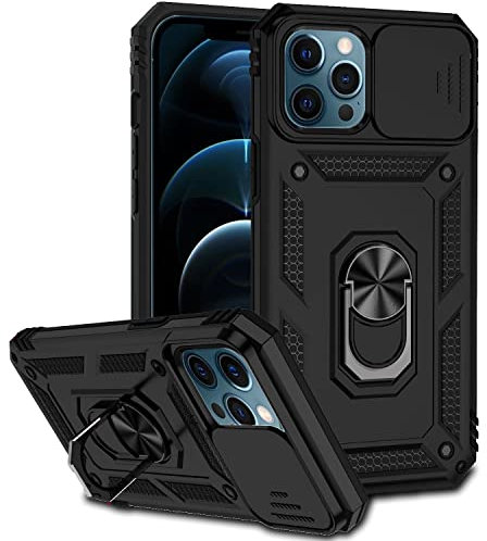 Hitaoyou iPhone 12 Pro Max Case with Camera Cover & Kickstand, Slide Lens Protection + 360° Rotate Ring Stand, Impact-Resistant, Shockproof, Protective Bumper,Covers for iPhone 12 pro max Black