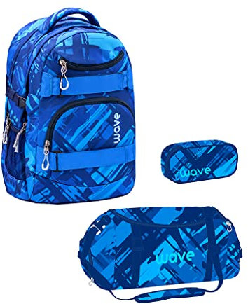 Wave Infinity Schulrucksack Set 3 - teilig mit Laptopfach Tabletfach / 43 x 31 x 22 cm / 30 Liter/Unisex/Rucksack Daypack (338-72/A Set2) (Deep Ocean)