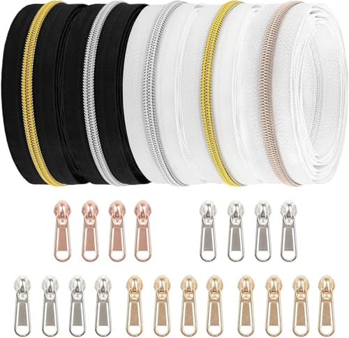 DOITEM 10 m Endlos Reißverschluss Meterware Schwarzes weißes Reissverschluss 6mm-Spirale + 20 Nonlock-Zipper (Roségold Silber Gold Teeth)