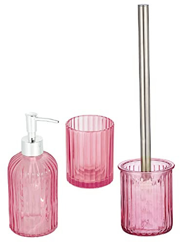 BM 6157 Set Accessori Bagno Completo 3 Pezzi Effetto Rigato, Set di Accessori da Bagno Rosa in Vetro, Dispenser, Portaspazzolino, Portascopino