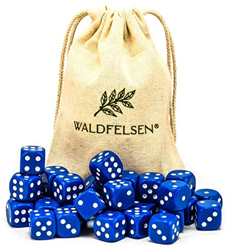 Waldfelsen 6, 12, 20, 30 o 50 dadi di alta qualità, dimensioni standard, 16 mm, dadi in acrilico, dadi da gioco a sei facce, accessori da gioco, set con sacchetto in tessuto (Blu, 30 pezzi)