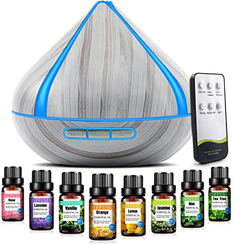 Diffusori di oli essenziali da 500ML con set di 8 oli essenziali, diffusori per aromaterapia con telecomando, 4 timer, spegnimento automatico senza acqua per camera da letto, ampia stanza