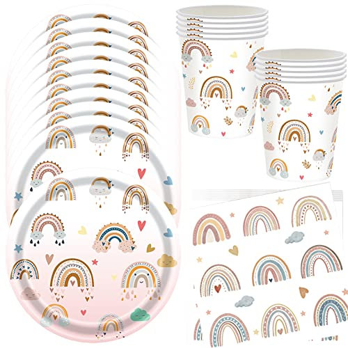 HGSHUO Regenbogen Partygeschirr Kindergeburtstag Deko Boho Geburtstag Party Geschirr Pappteller Becher Servietten Partygeschirr Geburtstagsparty Hochzeit Babyparty Tischdeko Set 10 Persone